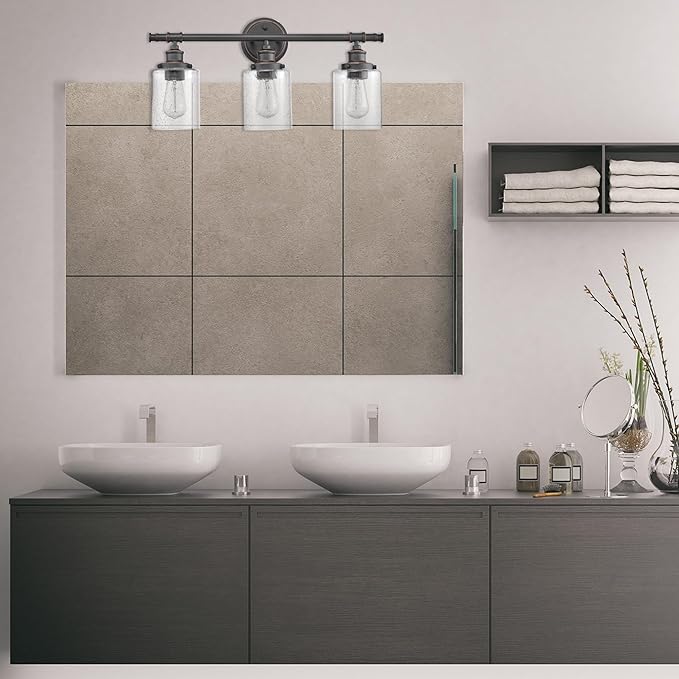 Globe Electric 51415 Camden 5-Piece All-in-One Bathroom Set, 3 Vanity Light with Seeded Glass Shades, Bar, Towel Ring, Robe Hook, Toilet Paper Holder, Bronze