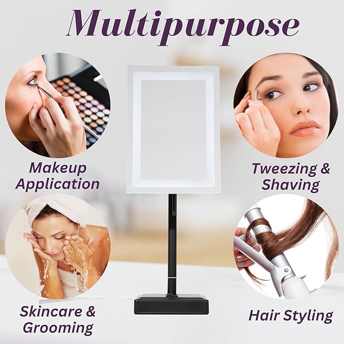 JERDON Lighted Tabletop Magnifying Mirror - Black Makeup Mirror with 5X Magnification and LED Lights - Model JRT910BKL