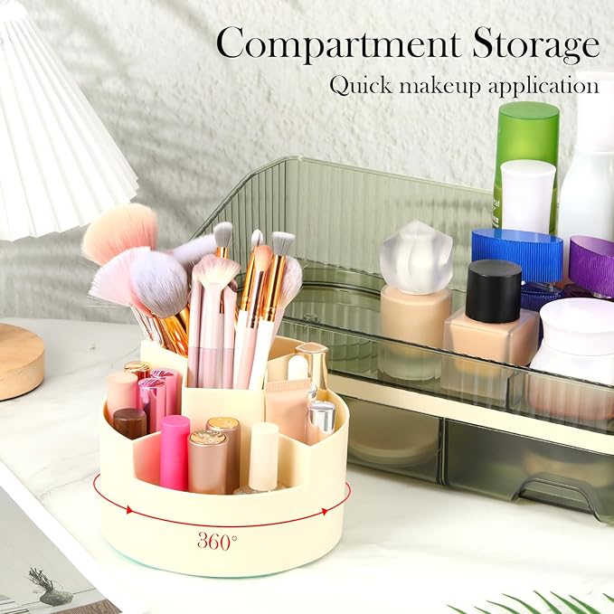 Makeup Organizer for Vanity, Make up Organizer Countertop with Rotating Makeup Brush Holder Cosmetic Display Case with Drawers Bathroom Storage Holder for Lipstick Brush Beauty Skincare