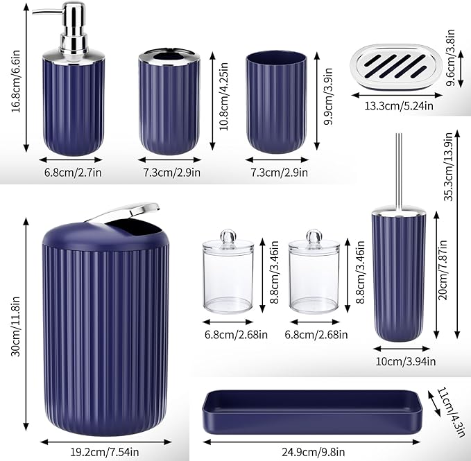 XLHOMO 9PCS Nave Blue Bathroom Accessories Set Complete with Trash Can, Vanity Tray, Soap Dispenser, Soap Dish, Toothbrush Holder, Toothbrush Cup, Toilet Brush and Qtip Holders