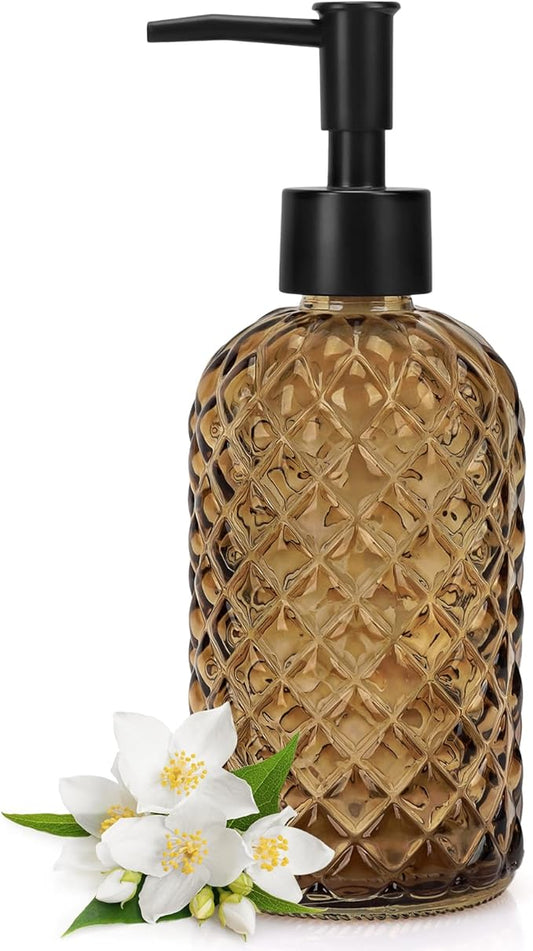 Topsky Gem Glass Soap Dispenser with Black Plastic Pump, 13oz Liquid Hand Soap Dispenser, Rustproof Pump for Kitchen & Bathroom, Great for Lotions, Essential Oil, Liquid Soaps-Amber