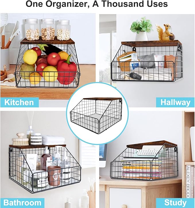 MSJGA Laundry Room Shelves Wall Mounted with Storage Basket - Farmhouse Stackable Wire Wall Shelves Organizer for Towels, Detergent, Tissues | Space-Saving Over Washer & Dryer(11.8" Wx12 Dx8.5 H)