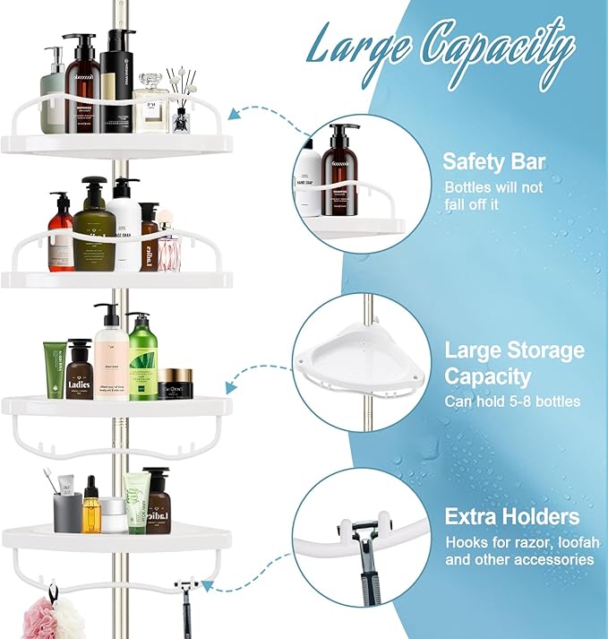 Corner Shower Caddy Tension Pole, Rustproof Bathtub Storage Organizer with 4 Adjustable Shelves, Bathroom Shower Rack Shampoo Holders for Inside Shower, 40"-120" Floor to Ceiling Shower Caddy Silver
