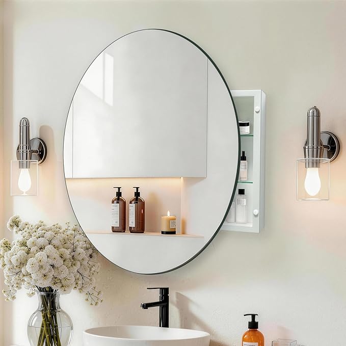 30 Inches Round Bathroom Medicine Cabinet, Frameless Circle Mirror Cabinet Wall Mounted Cabinet with Surface Mount Installation