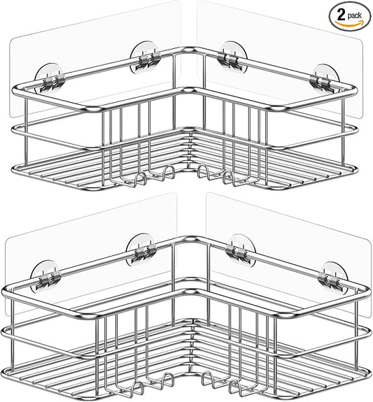 Menbyci 2 Pack Corner Shower Caddy, Adhesive Bathroom Shelf with 8 Hooks, Rustproof Stainless Steel Bathroom Organizer, No Drilling Shower Shelves Basket Wall Storage Rack Shampoo Holder (Silver)