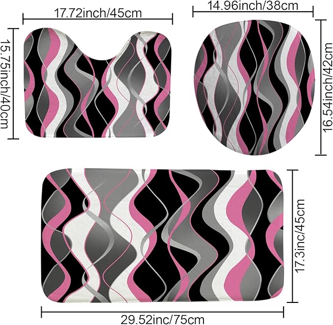 BEIFIVCL 4Pcs Pink Shower Curtain Sets with Non-Slip Rugs, Toilet Lid Cover and Bath Mat, Black and Gray Bathroom Decor Set Accessories Fabric Waterproof Shower Curtains with 12 Hooks, 72 x 76 Inch