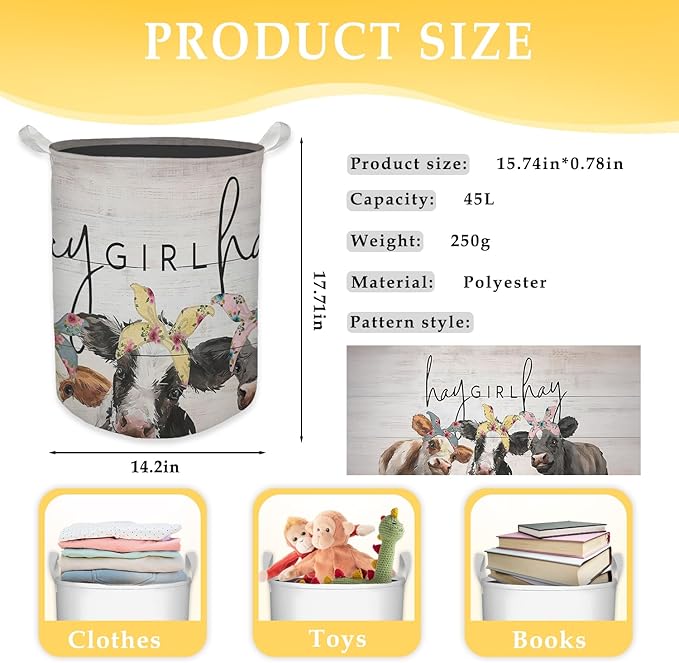 Farmhouse Cow Laundry Basket, Hay Girl Hay Waterproof Collapsible Laundry Hamper Dirty Clothes Storage Toy Bin Organizer for Girls Kids Room Bathroom Bedroom Nursery