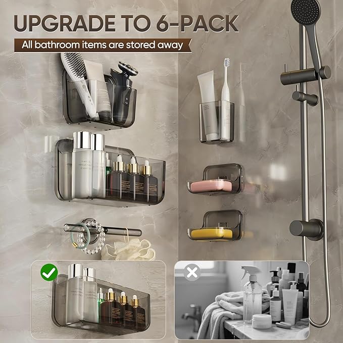 Acrylic Shower Caddy,6 Pack Acrylic Rustproof Shower Organizer with Large Capacity,No Drilling Shelves for Bathroom Storage & Home Decor (Grey)
