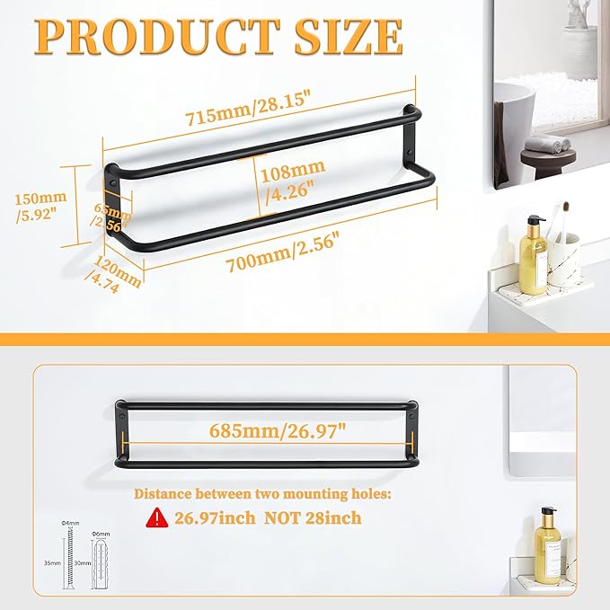 Alise Double Towel Bar,28 Inch Towel Racks for Bathroom, SUS304 Stainless Steel Towel Bar for Bathroom Wall,Quick Drying Bathroom Towel Holder Bath Towel Hanger,Matte Black
