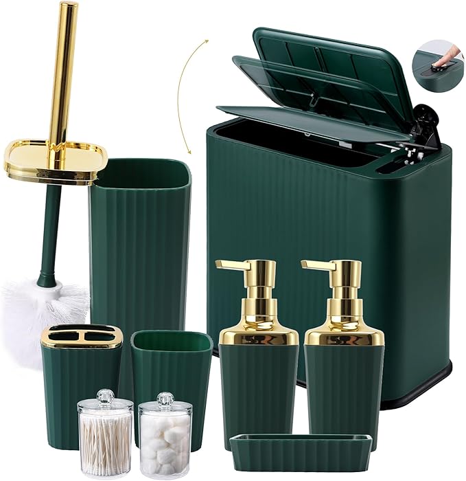XLHOMO 9-Piece Dark Green Bathroom Accessories Set - Slim Pop-up Trash Can with Lid, Toilet Brush, Soap Dispenser & Apothecary Jars - Luxury Emerald Decor for Small Spaces