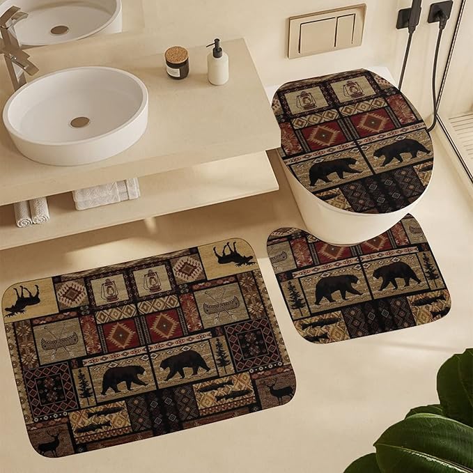 Rustic Bear Tribal 4 Piece Shower Curtain Sets, Non-Slip Rugs, Toilet Lid Cover and Bath Mat, Durable and Waterproof, for Bathroom Decor Set One Size