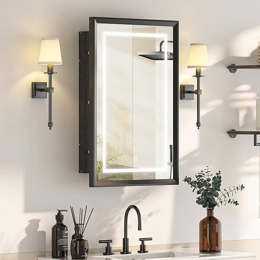 Recessed LED Medicine Cabinet with Lights,Beveled Aluminum Frame, 20x30 Black Bathroom Lighted Medicine Cabinet with Mirror, 3-Light Color Dimmable, with Adjustable Glass,Assembly Required