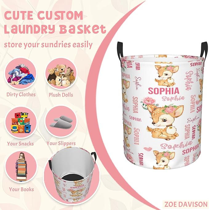 Personalized Deer Laundry Baskets, Custom Deer Gifts with Customized Name, Collapsible Laundry Hamper for Kids Adults Home Decoration,16.5 X 13.8in