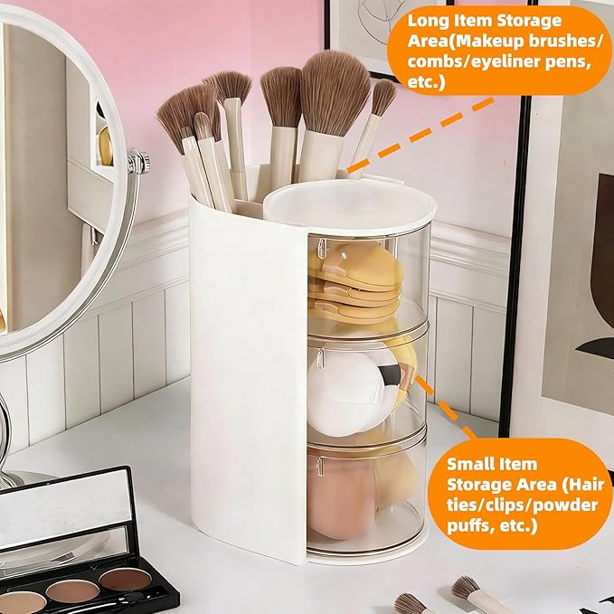 3-Layer Rotating Makeup & Jewelry Organizer with Hair Brush Holder, Vanity Organizer for Earrings, Necklaces, Rings, Bracelets, Hair Clips and Makeup Brushes (White)
