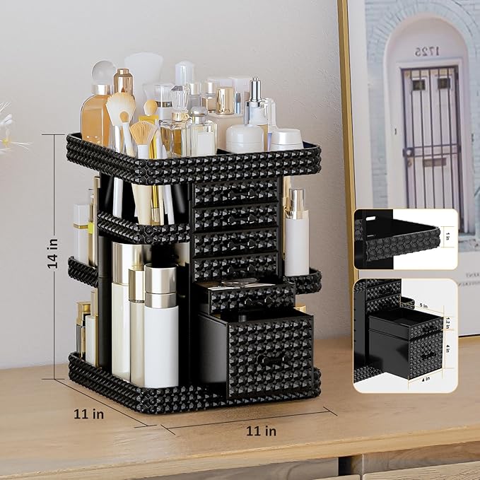 360 Rotating Makeup Organizer for Vanity, Large Skin Care Organizer with 6 Drawers Clear Acrylic Cosmetic Organizer Adjustable Spinning Makeup Storage Perfume Organizer for Dresser (Black)