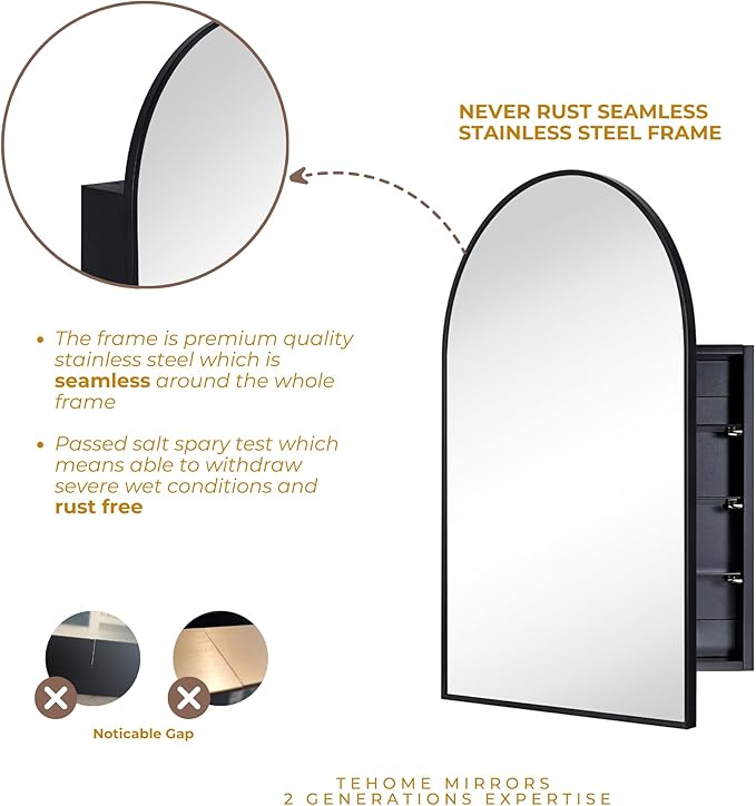 TEHOME 24 x 36'' Black Arch Bathroom Medicine Cabinet with Mirror Recessed and Surface Mounted Medicine Cabinet Mirror