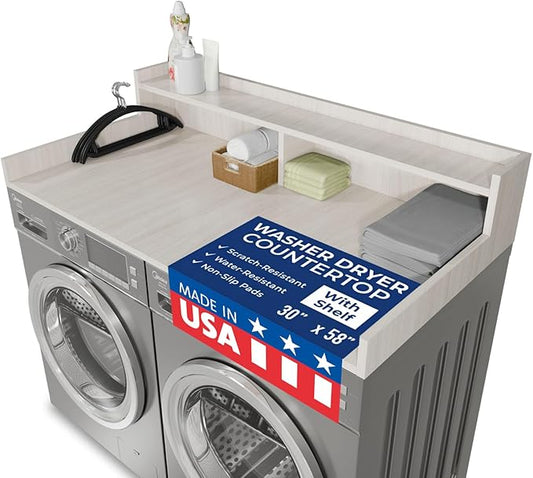 OfficeSimpli Large Washer Dryer Countertop with Shelf - 30 x 58 Inch - Made in USA Laundry Countertop Over Washer and Dryer with Non-Slip Pads, Storage Shelf, Laundry Topper Organizer, Rustic Oak