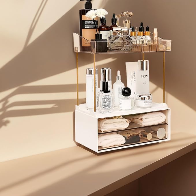 Elegant 2-Tier 2-Drawer Bathroom Countertop Organizer, Multi-Purpose Makeup & Skincare Organizer, Champagne Gold
