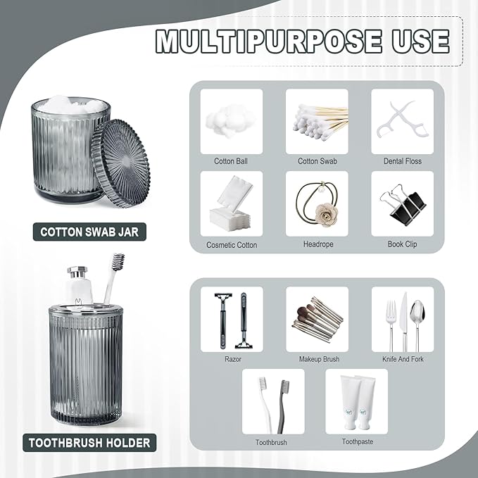 KASUNTING Gray Glass Bathroom Accessories 4 Pcs, Grey Bathroom Set, Soap Dispenser and Toothbrush Holder Set, Qtip Holder Set, Vintage Bathroom Sink Set, Modern Bathroom Decor