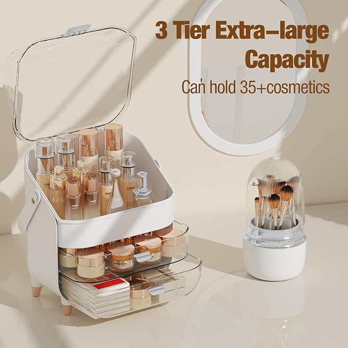 Makeup Organizer Countertop & 360° Rotating Makeup Brush Holder, Skincare Holder with Lid and Drawers, Storage Box Cosmetic Display Cases, Teen Girl Gifts, Vanity, Bathroom Counter, Silver