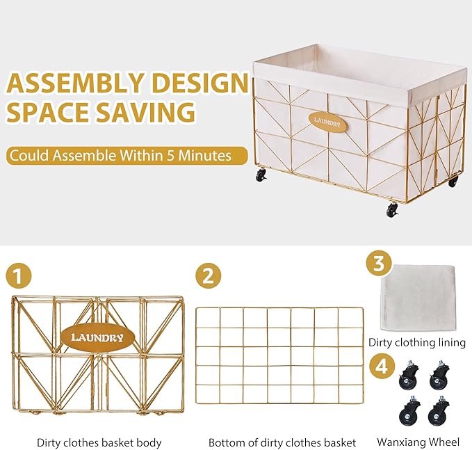 Mxfurhawa Laundry Hamper,Collapsible Laundry Basket Large Capacity Metal Laundry Hamper with Removable Liner, Rolling Wheels and Collapsible Design for Clothes Storage and Organization (160L GOLD)