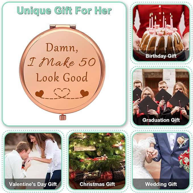 50th Birthday Gifts for Women 50 Years Old Birthday Gifts Ideas Rose Gold Compact Mirror for Mom Wife Aunt Turning 50 Gifts Women Folding Makeup Mirror for Friend Sister Women's 50th Birthday Gifts