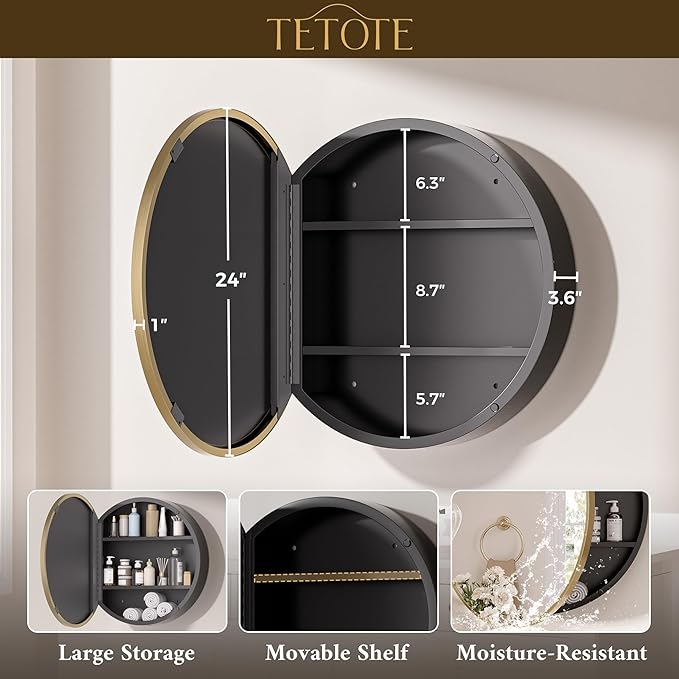 TETOTE Gold Round Bathroom Medicine Cabinet with Mirror 24 x 24 Metal Framed Medicine Cabinet with Storage Adjustable Shelves Farmhouse Wall Mirror with Storage Surface Mounted