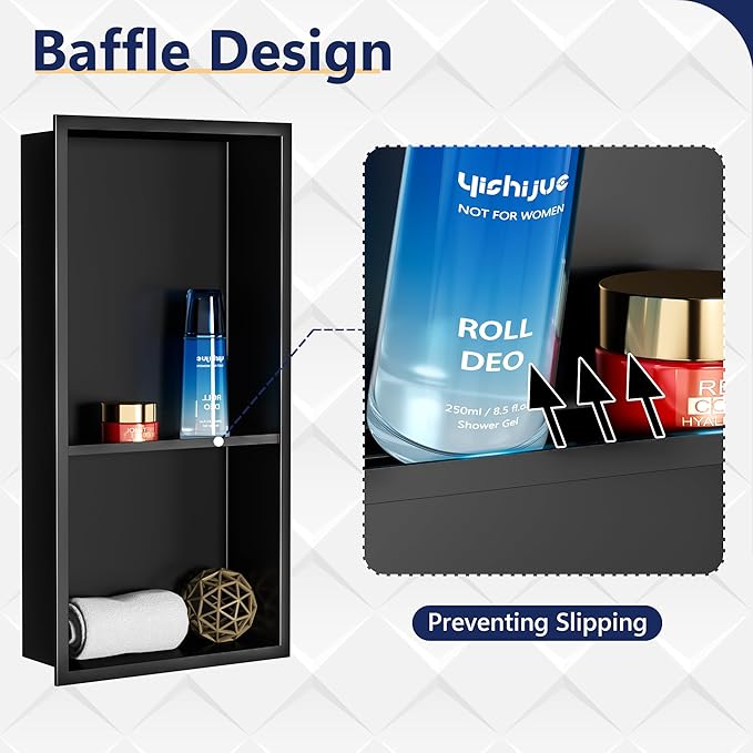 Neodrain Shower Niche Insert Tile-Ready Recessed Wall Niche for Shower Organizer - Stainless Steel No Tile Needed Built-in Bathroom Shelf, 2-Tier12x24 Inch Easy Install, Matte Black