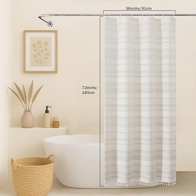 OVZME Linen Boho Stall Shower Curtain, Narrow Soft Fabric Striped Textured Bathroom Shower Curtain with Tassel, Modern Farmhouse Machine Washable Bath Decor, Linen, 36Wx72L Inches