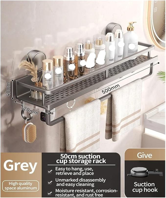 No Drill Suction Cup Suction Bathroom Rack Bathroom Shelf Toilet Space Aluminum Hanging Rack Bathroom Organizer Hang On The Wall(Grey layer 50cm rod)