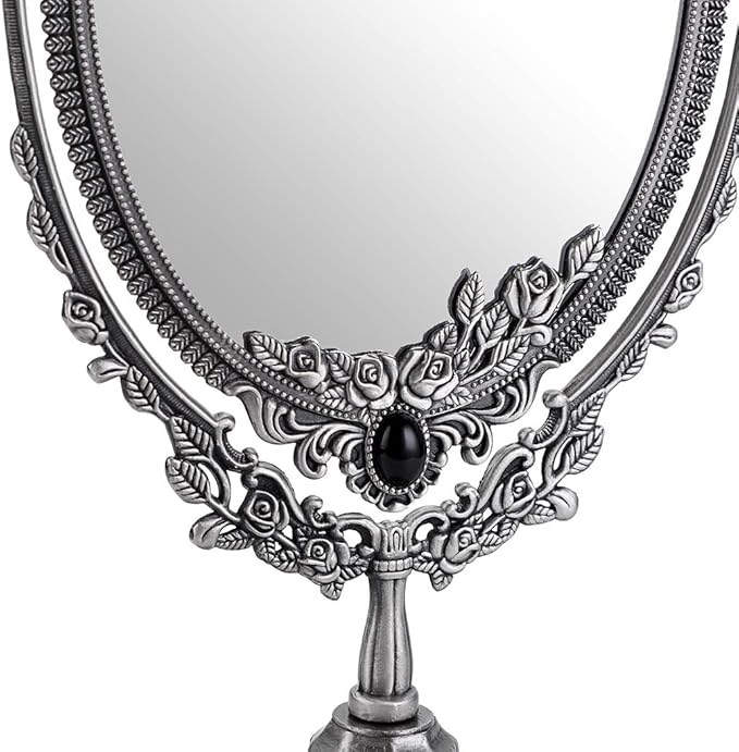 JUXYES Metal Tabletop Antique Decorative Makeup Mirror with Stand, Vintage Swivel Double Sided Cosmetic Mirror with Frame, Retro Desktop Oval Dressing Mirror for Bathroom Bedroom