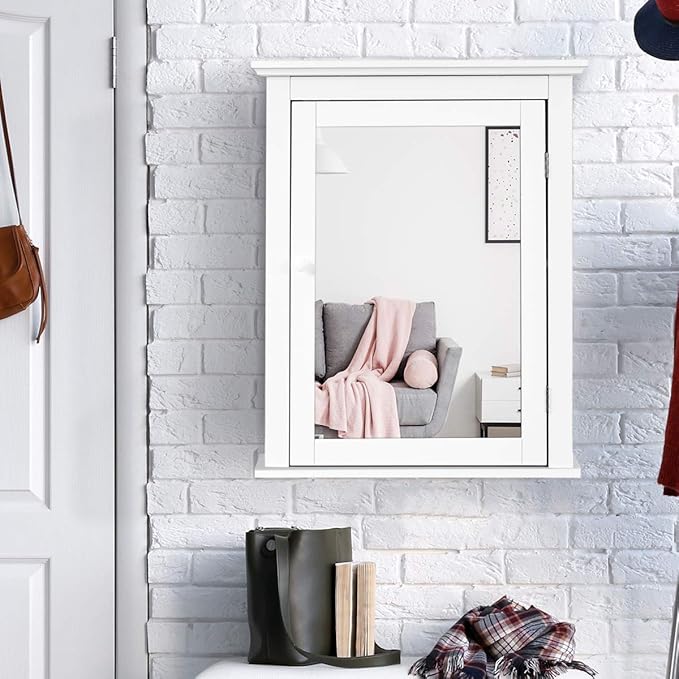 Tangkula Bathroom Cabinet with Mirror, Mirrored Wall-Mounted Storage Medicine Cabinet w/Single Door & Adjustable Shelf in 5 Positions, Multipurpose Wall Cabinet for Bathroom (White)