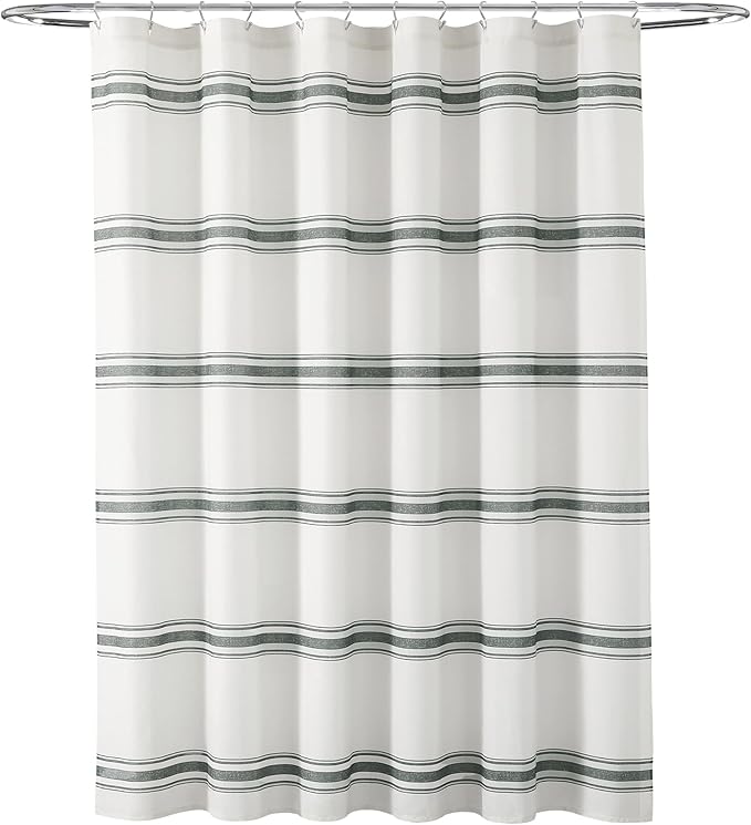 Lush Decor Farmhouse Stripe Cotton Shower Curtain, 72" W x 72" L, Dark Gray - Striped Bathroom Curtain - Fabric Shower Curtains - Farmhouse Bathroom Decor