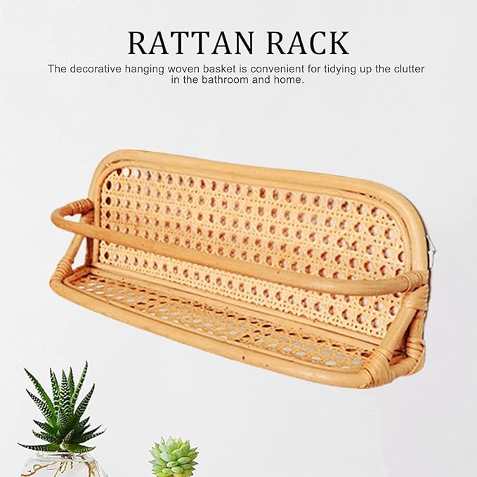 Luocute Rattan Wall Shelf, Handcrafted Natural Rattan Hanging Shelf for Bathroom Kitchen Living Room, with Easy Installation and Space Saving Design