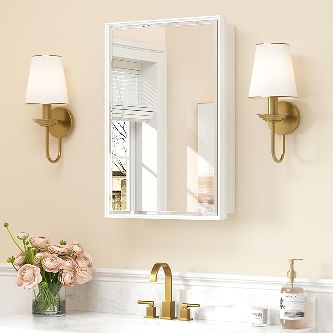 Keonjinn 16" x 24" White Medicine Cabinets for Bathroom with Mirror, Recessed or Surface Wall-Mounted Aluminum Alloy Framed Beveled Mirror, Single Door Farmhouse Bathroom Mirror with Storage Cabinet