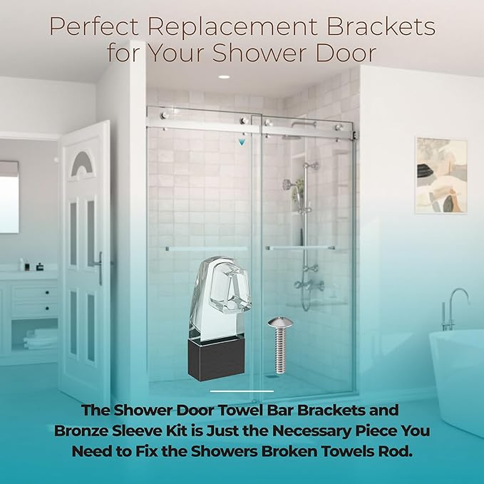 Shower Door Towel Bar Brackets for Framed Sliding Shower Door Towel Bar, Clear Acrylic Bracket with Oil Rubbed Bronze Sleeve Fit for Alumax / Basco Glass Shower Doors, Set of Two Brackets