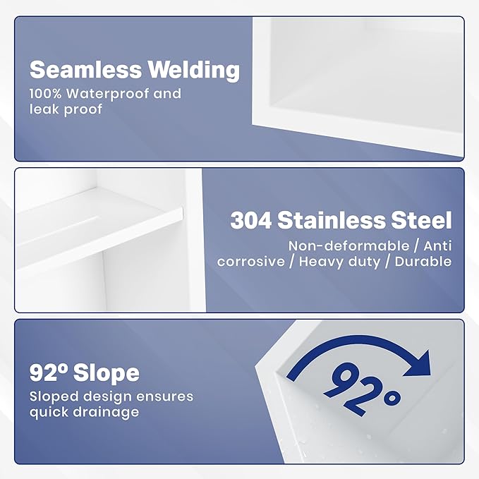 Stainless Steel Shower Niche No Tile Needed 24"x12" Inner Size (25.19"x13.19" Outside Size) Matte White - Niche for Shower Wall - Bathroom Niches - Includes Corner Shelves Razor Holders and Wall Hooks