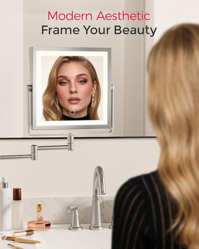 Rechargeable Wall Mounted Makeup Mirror with Lights, 4000mAh Double Sided 1X/10X Magnifying Vanity Mirror with 3 Color Lights, Touch Dimmable, 360° Extension Foldable Arm(Brushed Nickel）