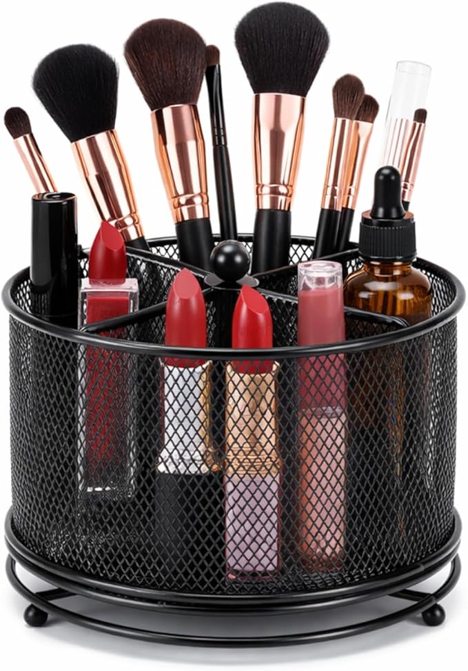 360° Rotating Makeup Brush Holder, Metal Perfume Organizer, 4 Compartments Desk Storage, Makeup Organizer Countertop for Vanity, Desktop, Bathroom, Black
