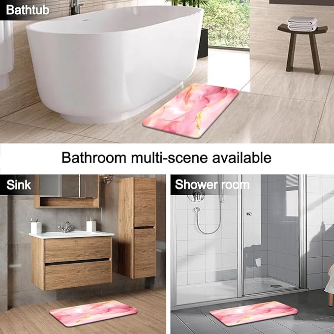 Lnond 4Pcs Bathroom Sets with Shower Curtain and Rugs, Pink Gold Marble Modern Art Shower Curtain Sets with Rugs and Accessories
