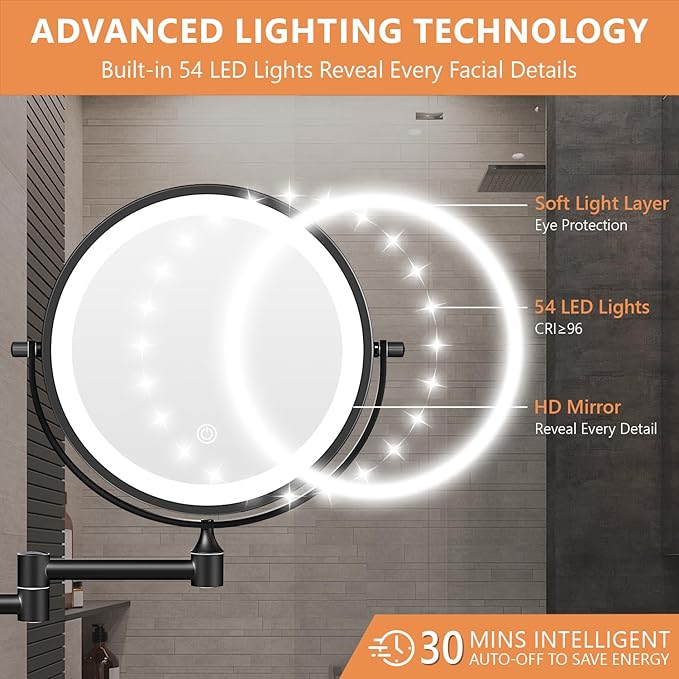 Auxmir 8'' Wall Mounted Lighted Makeup Mirror, 3200mAh Rechargeable Double-Sided 1X/20X Magnifying Mirror with Light, Touch Dimmable 3 Color Light, 360° Rotation Foldable Extended Arm, Black