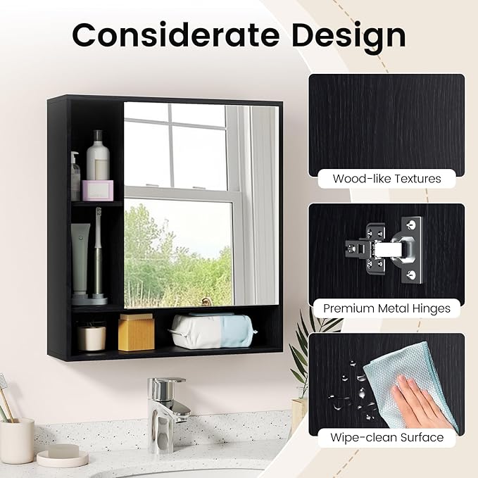 Giantex Bathroom Medicine Cabinet with Mirror, Wall Mounted Medicine Cabinet w/Single Door, 3 Open Shelves & Adjustable Shelf, Space-Saving Hanging Storage Cabinet for Living Room, Hallway (Black)
