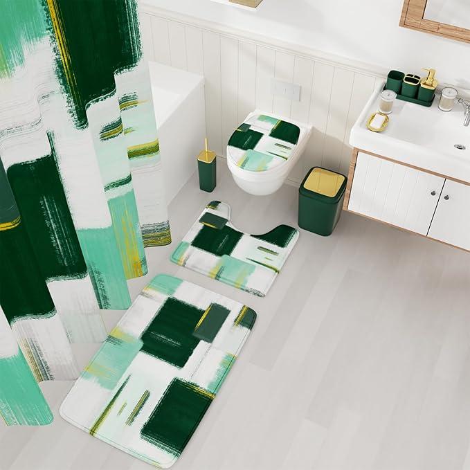 XLHOMO Bathroom Accessories Set - 25PC Bathroom Set with Shower Curtain and Rugs, Green Bathroom Set, Bathroom Accessory Set with Press-on Lid Trash Can, Soap Dispenser and Qtip Holders