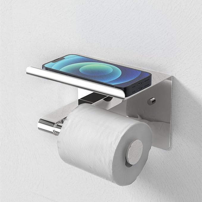 GLNLQ Chrome Toilet Paper Holder Wall Mount, Fits Mega Rolls Size Sliver Toilet Paper Holder with Shelf, Rustproof Stainless Steel Toilet Roll Holder, Self Adhesive Toilet Paper Holders Chrome
