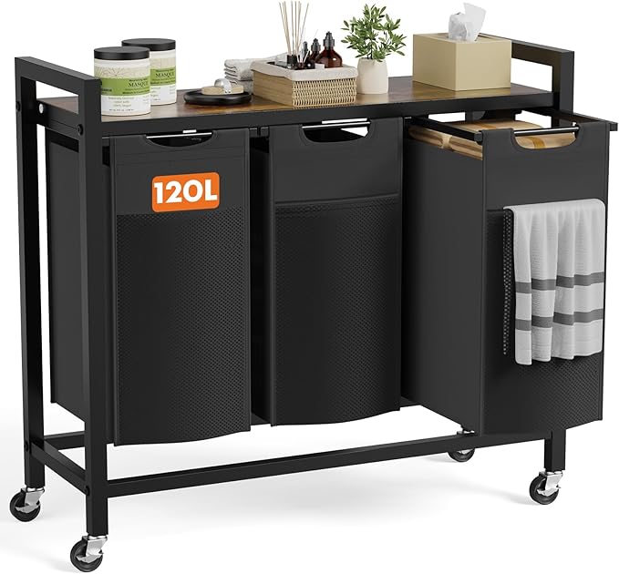 DUMOS Laundry Hamper with 3 Pull-Out Removable Sorter Bags, Movable Wheels, Freestanding Clothes Basket Organizer in Bathroom, 3 × 10.6 Gal (120L) Capacity, Rustic Brown and Black