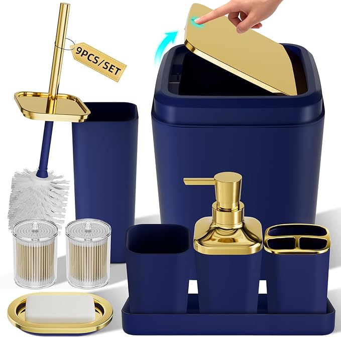 XLHOMO Bathroom Accessories Set - Luxury Blue Bathroom Set, 9 Pieces Bathroom Accessory Set, Navy Blue Bathroom Accessories with Trash Can, Toilet Brush & Soap Dispenser