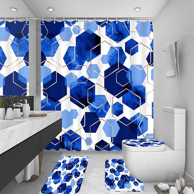 Muuyi 4Pcs Blue White Geometric Shower Curtain Set, Neutral Modern Art Deco Shower Curtain with Hooks, Elegant Trendy Simple Bathroom Sets with Shower Curtain and Rugs, 71 * 71in