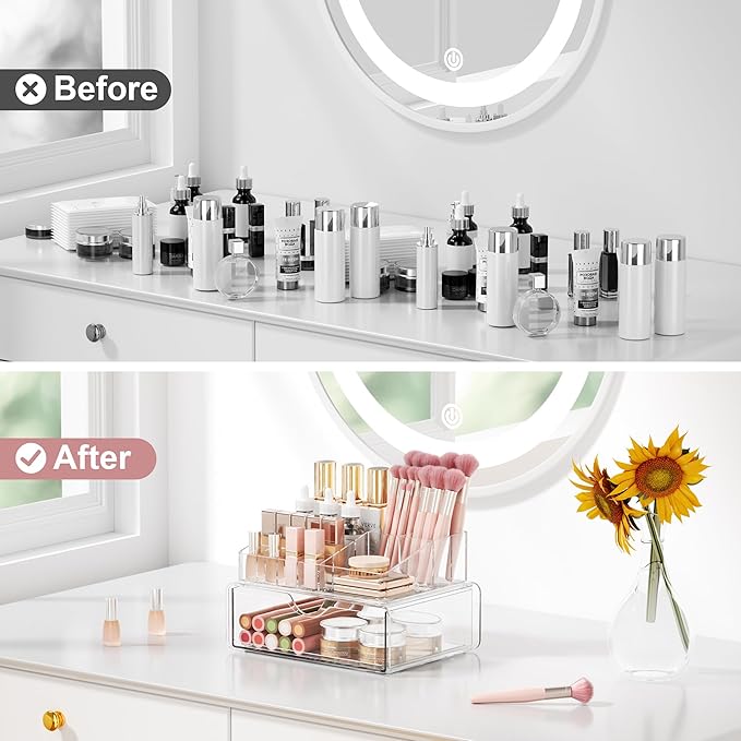 Bathroom Counter Organizer Clear - 2Pcs Stackable Makeup Countertop Organizer for Vanity - Multi-Purpose Skin Care Lipstick Cosmetic Organizer