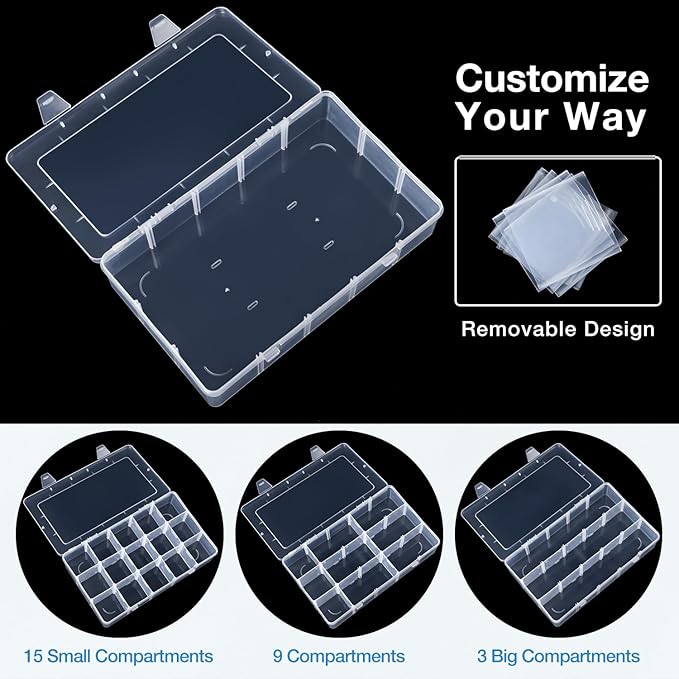 Benbilry 2 Pack 15 Grids Clear Storage Containers Plastic Organizer Box Craft Storage Boxes with Adjustable Dividers for Beads Organizer Art DIY Fishing Tackles Jewelry Crafts