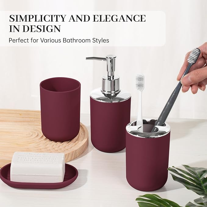 Bathroom Accessory Set, 4 Pcs Plastic Bathroom Set Include Soap Dispenser, Soap Dish, Toothbrush Holder, Mousewash Cup, Modern Bahtroom D??cor Set, Space Save for Bathroom(Burgundy)